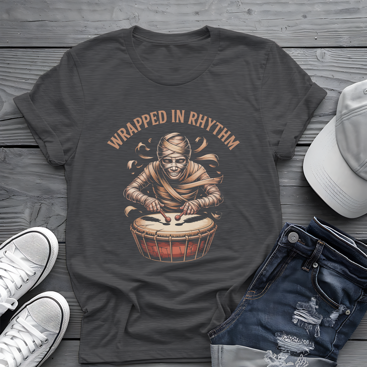 Wrapped in Rhythm Tee π₯ Spooky Mummy Drummer Shirt