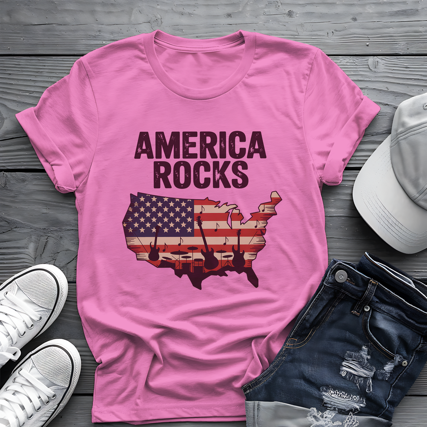 America Rocks Tee πΊπΈ Patriotic Music 4th of July Shirt - USA Map