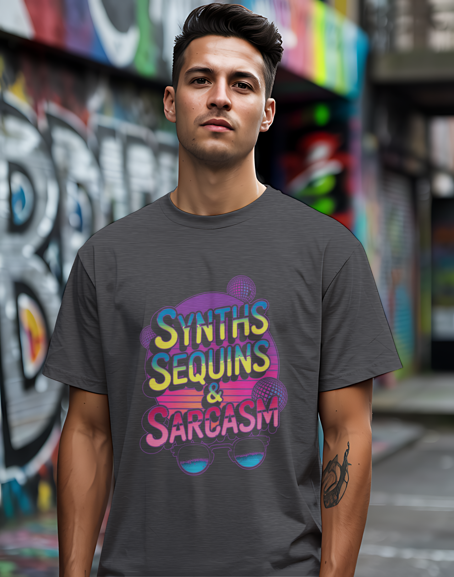 Synths Sequins & Sarcasm Tee 🎧 80s Retro Sarcastic Music Shirt