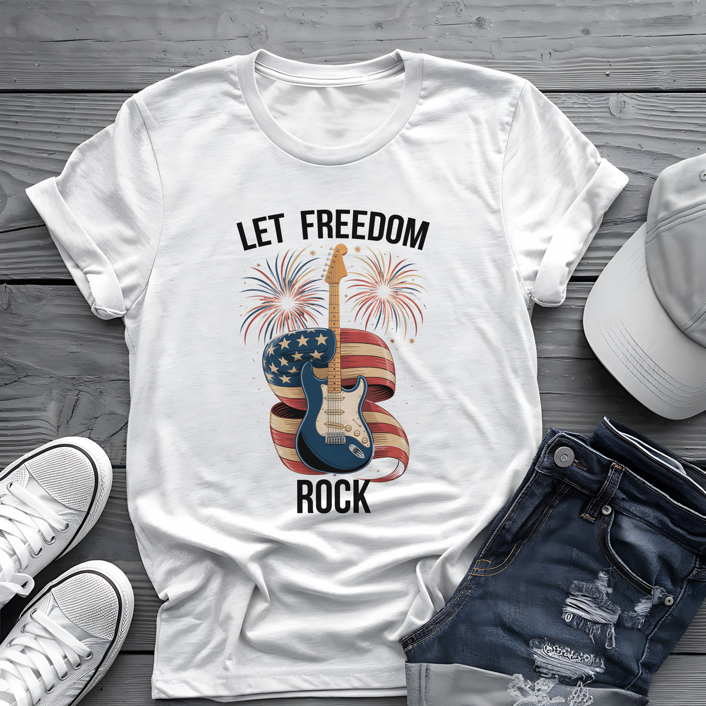 Let Freedom Rock Tee πΈ Patriotic 4th of July Guitar Shirt - USA Flag