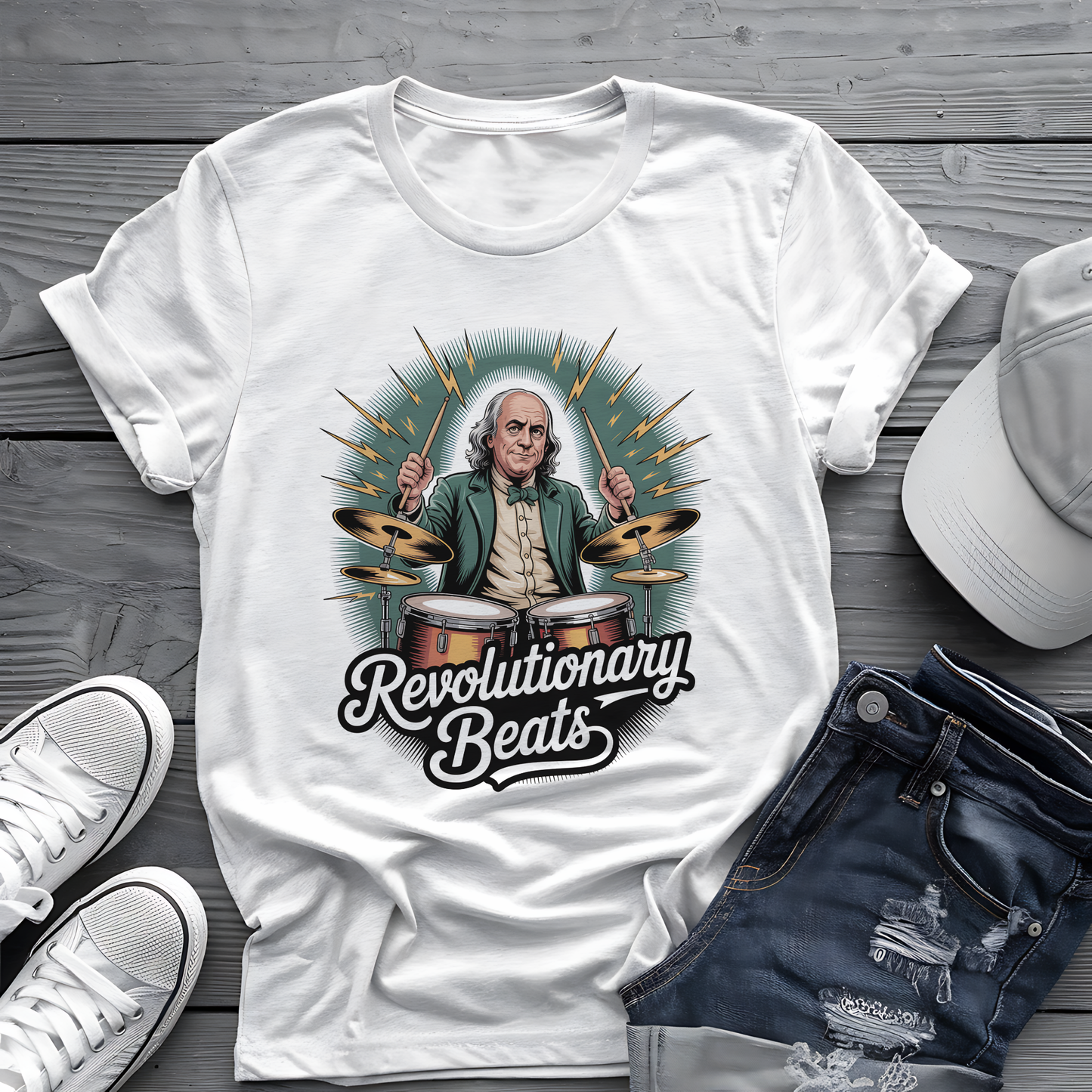 Revolutionary Beats Tee โก๏ธ Ben Franklin Drummer Shirt - Patriotic Music Gift