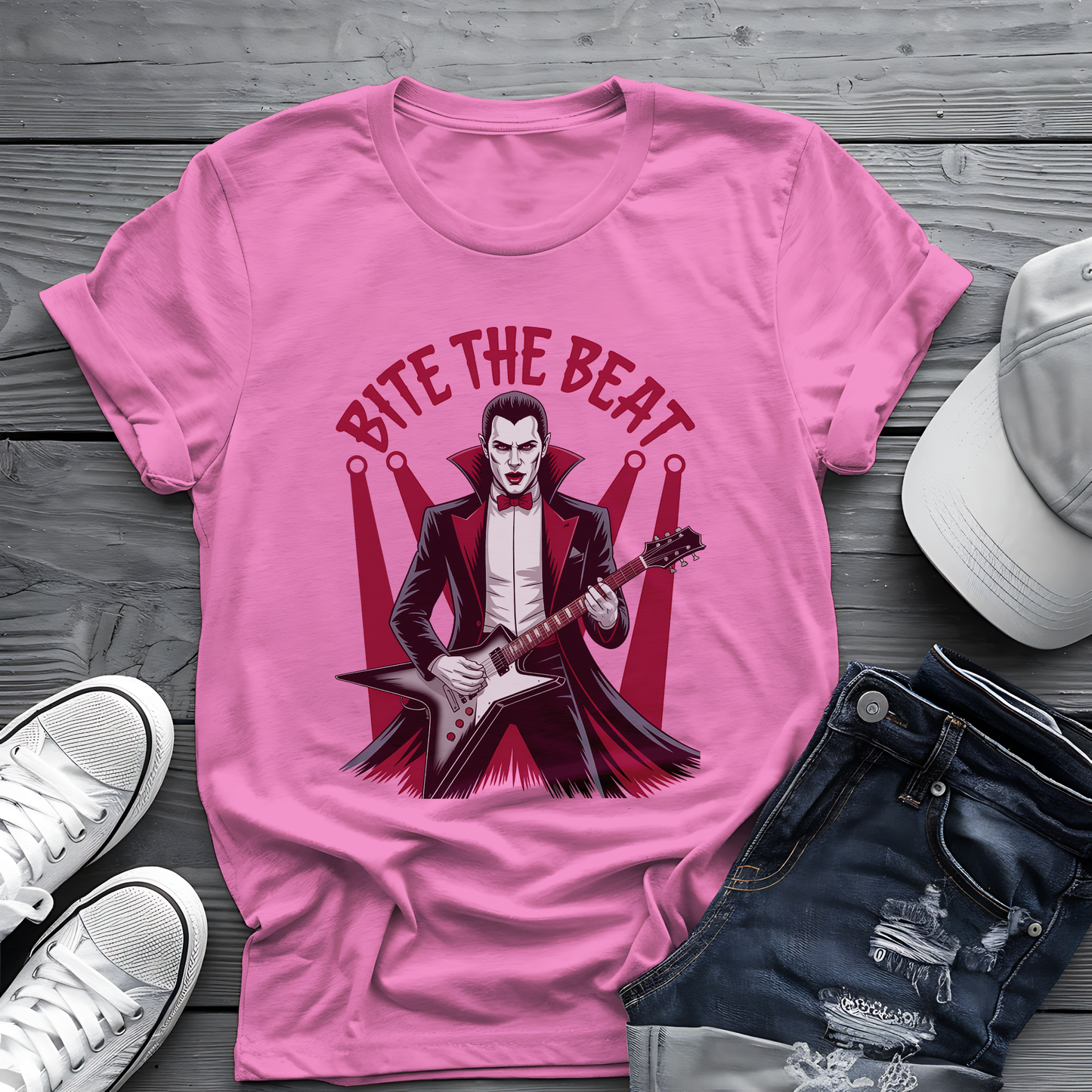 Bite the Beat Dracula Tee 🎸 Goth Rock Vampire Shirt - Spooky Halloween Music Gift