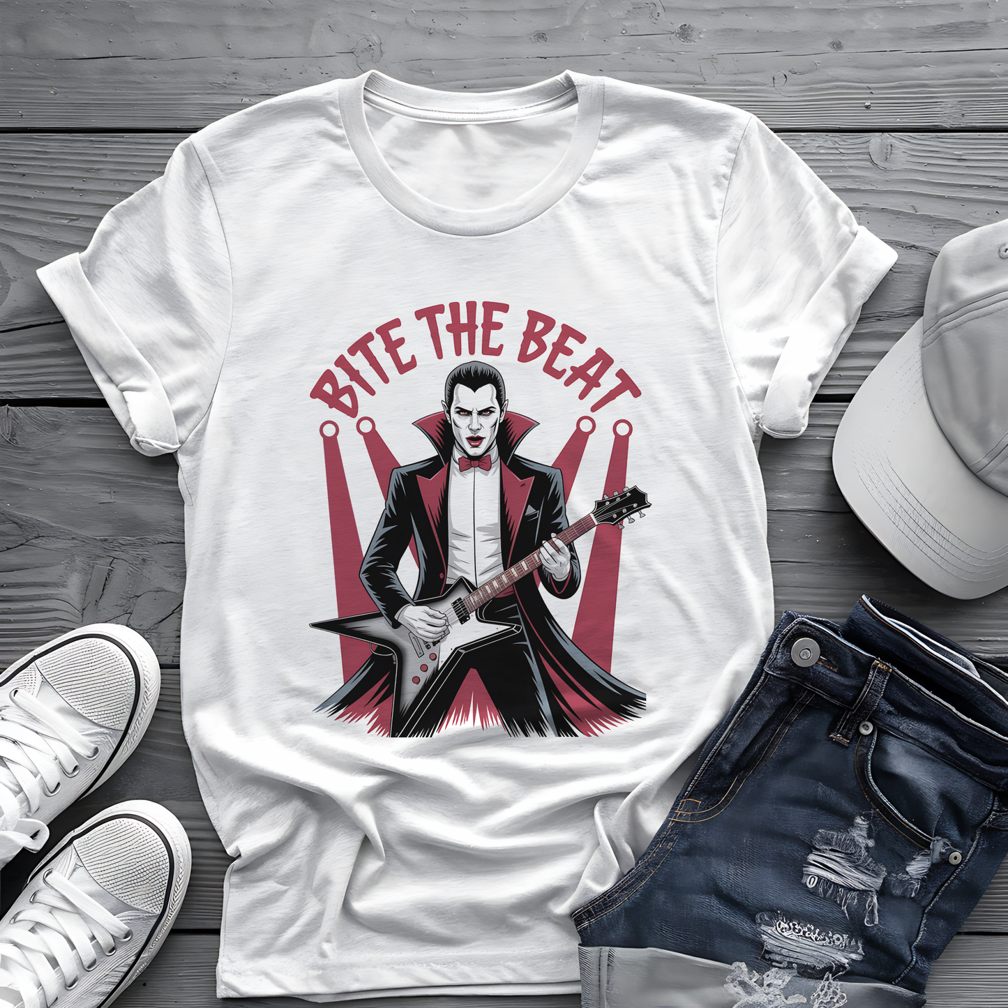 Bite the Beat Dracula Tee 🎸 Goth Rock Vampire Shirt - Spooky Halloween Music Gift