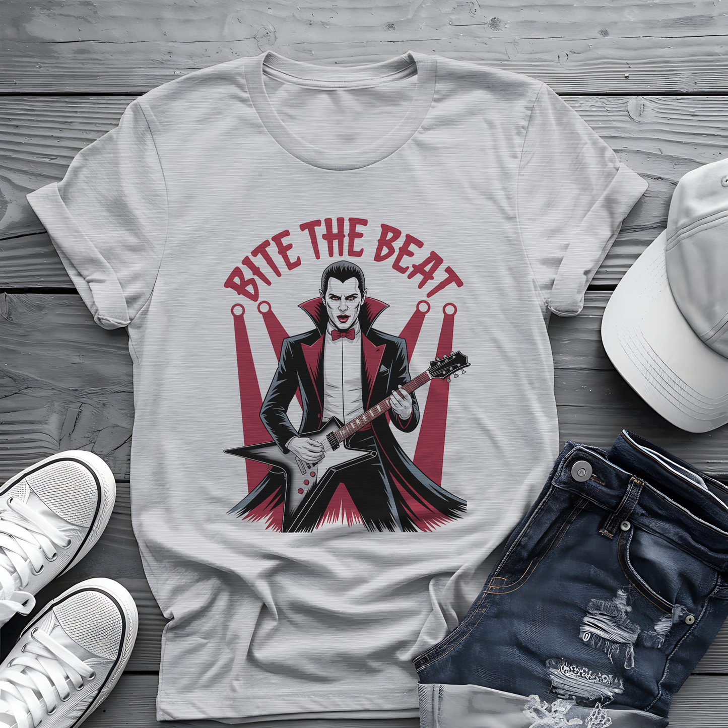 Bite the Beat Dracula Tee 🎸 Goth Rock Vampire Shirt - Spooky Halloween Music Gift