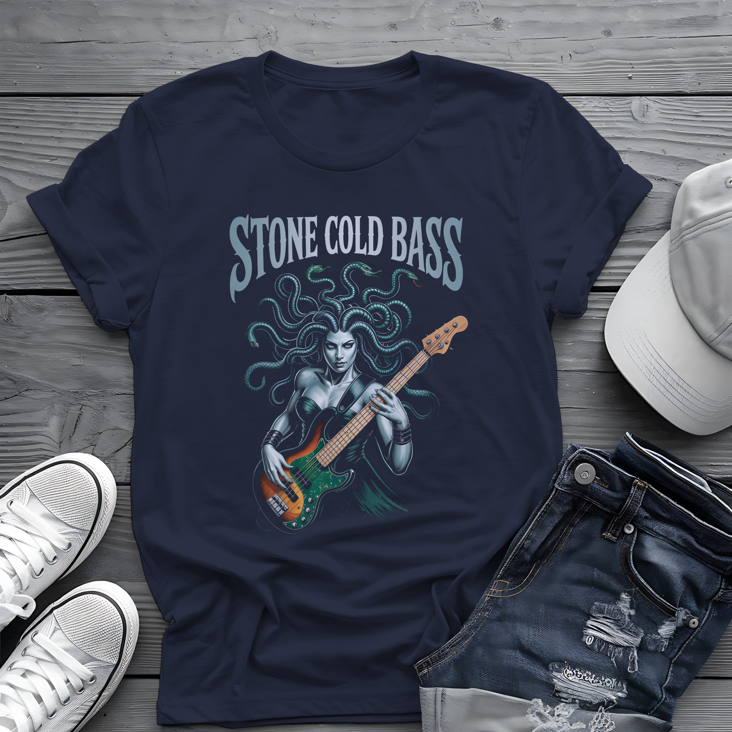 Stone Cold Bass Tee 🐍 Medusa Bassist Shirt - Spooky Music Gift