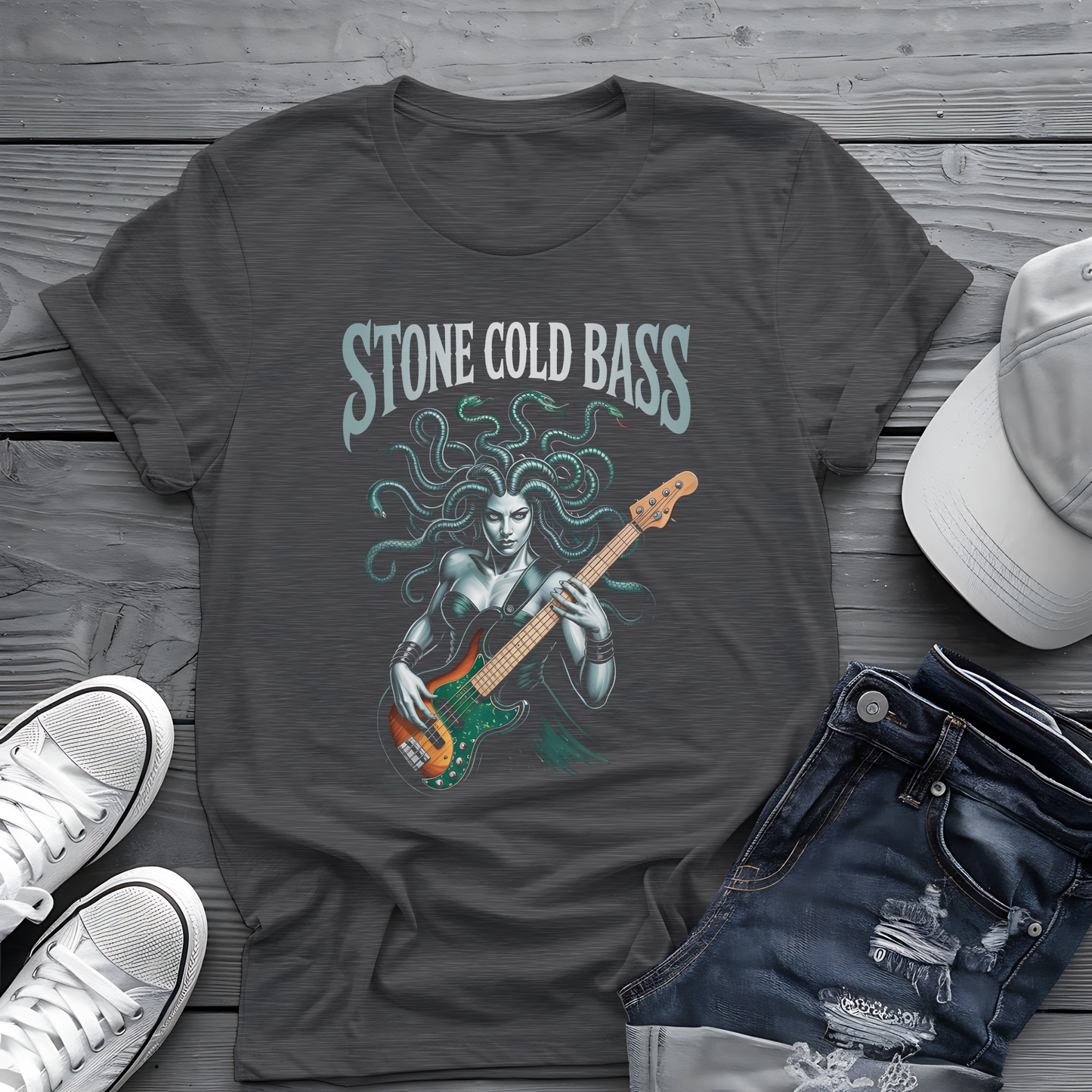 Stone Cold Bass Tee 🐍 Medusa Bassist Shirt - Spooky Music Gift