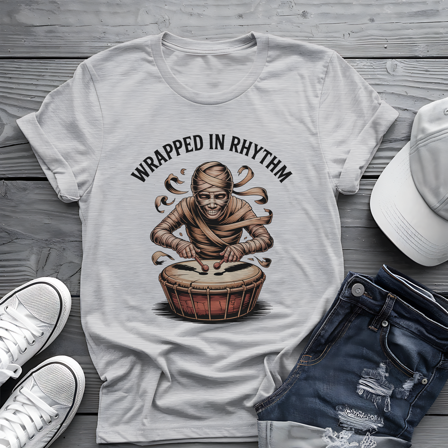 Wrapped in Rhythm Tee 🥁 Spooky Mummy Drummer Shirt