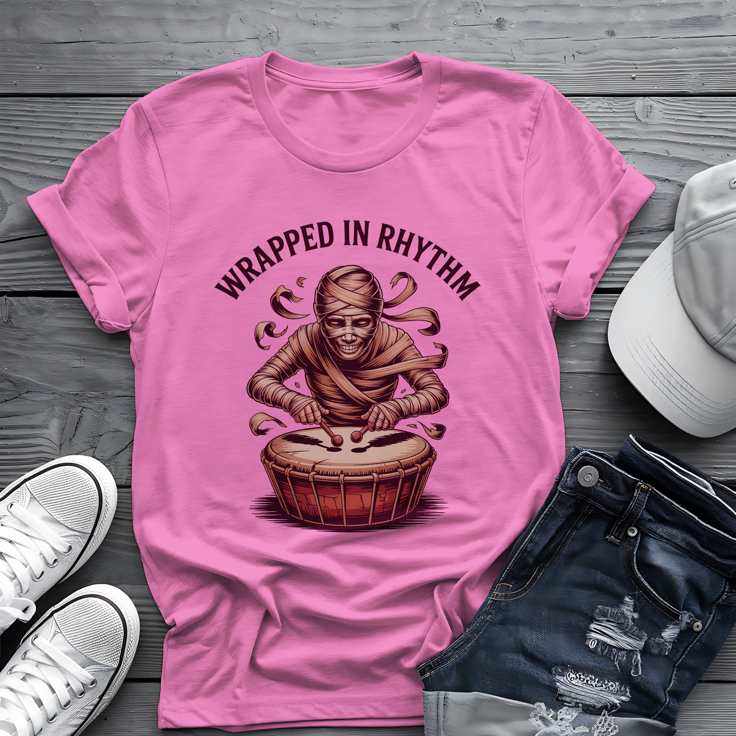 Wrapped in Rhythm Tee 🥁 Spooky Mummy Drummer Shirt