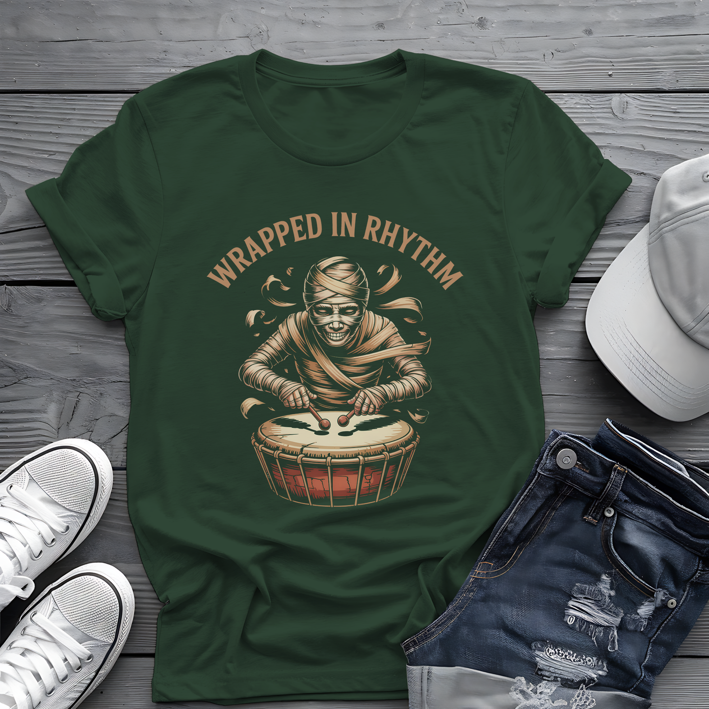 Wrapped in Rhythm Tee 🥁 Spooky Mummy Drummer Shirt