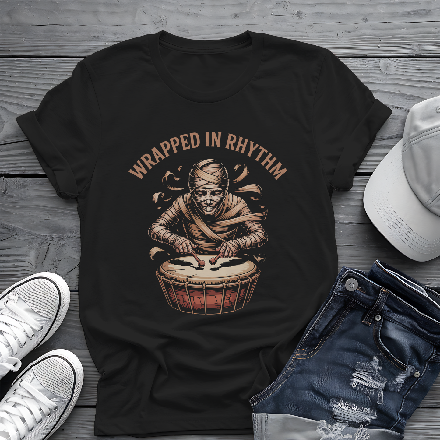 Wrapped in Rhythm Tee 🥁 Spooky Mummy Drummer Shirt