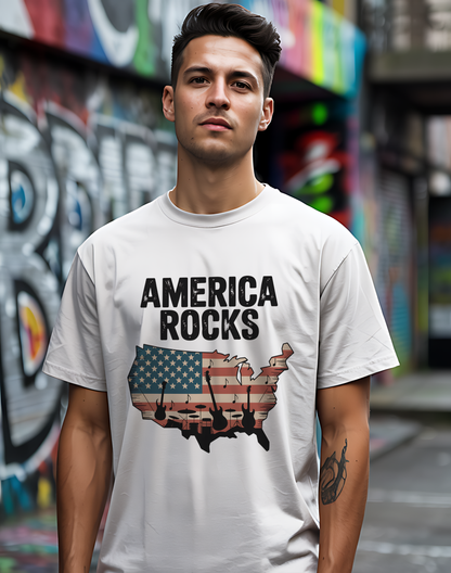 America Rocks Tee 🇺🇸 Patriotic Music 4th of July Shirt - USA Map
