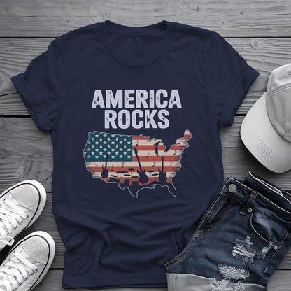 America Rocks Tee 🇺🇸 Patriotic Music 4th of July Shirt - USA Map