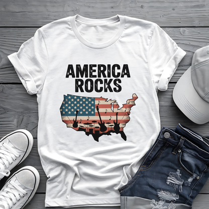 America Rocks Tee 🇺🇸 Patriotic Music 4th of July Shirt - USA Map