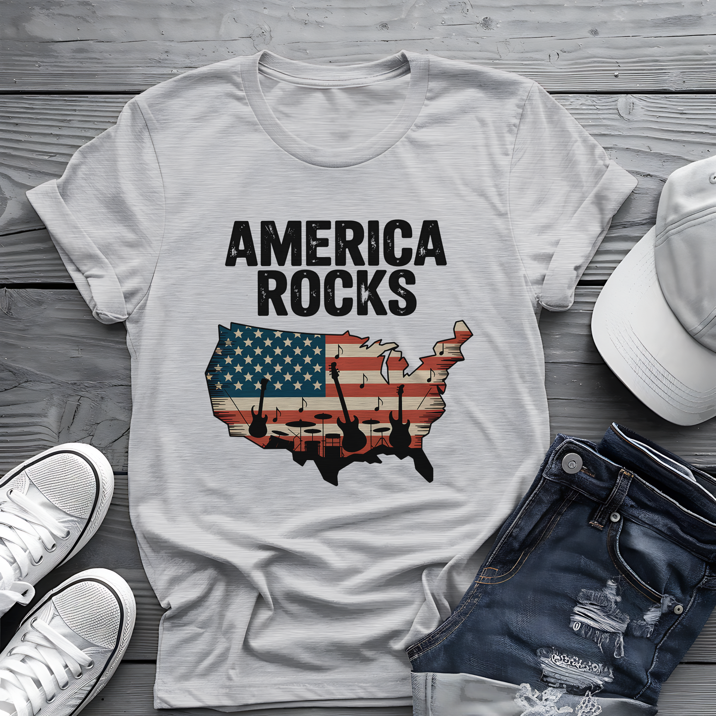 America Rocks Tee 🇺🇸 Patriotic Music 4th of July Shirt - USA Map