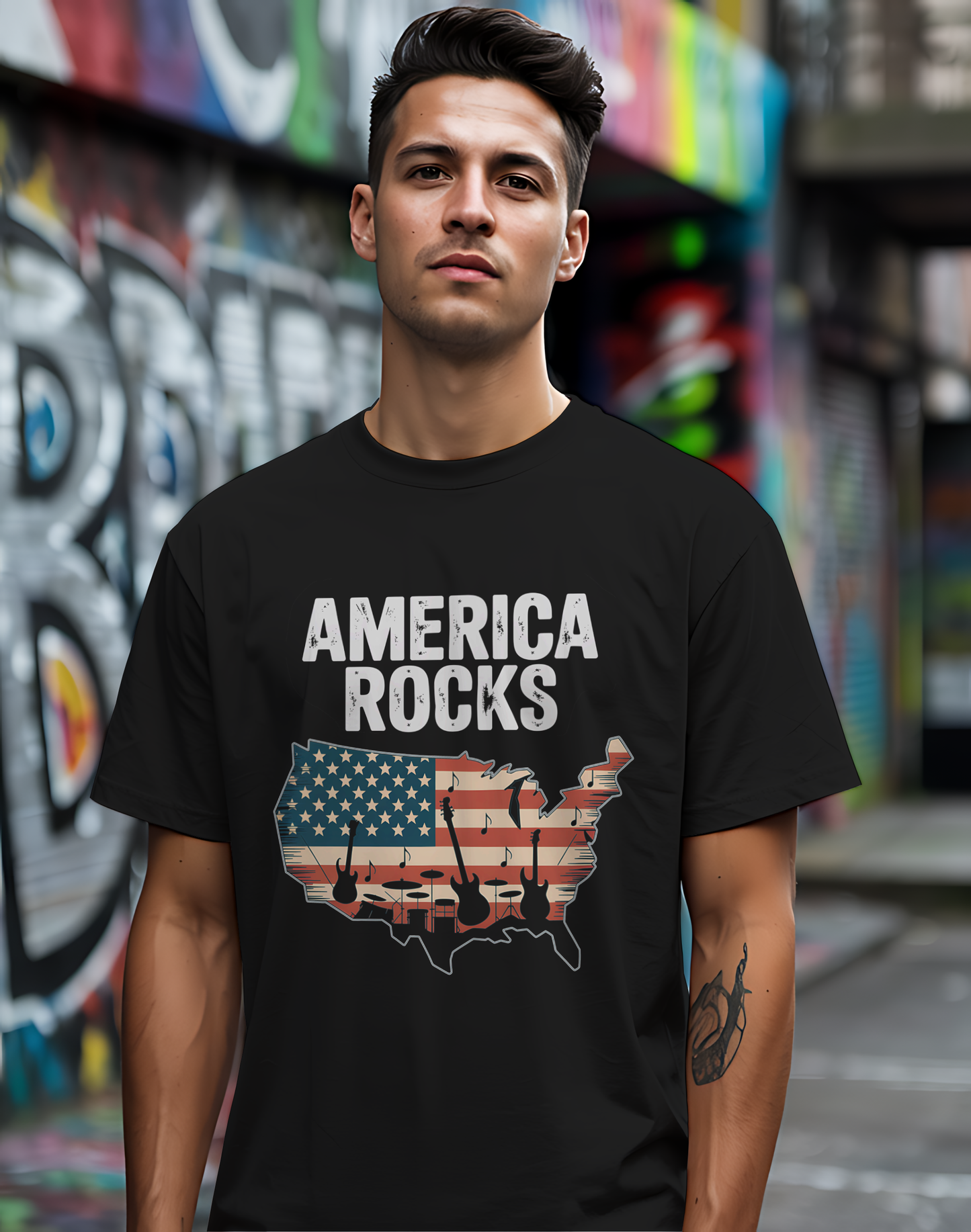 America Rocks Tee 🇺🇸 Patriotic Music 4th of July Shirt - USA Map