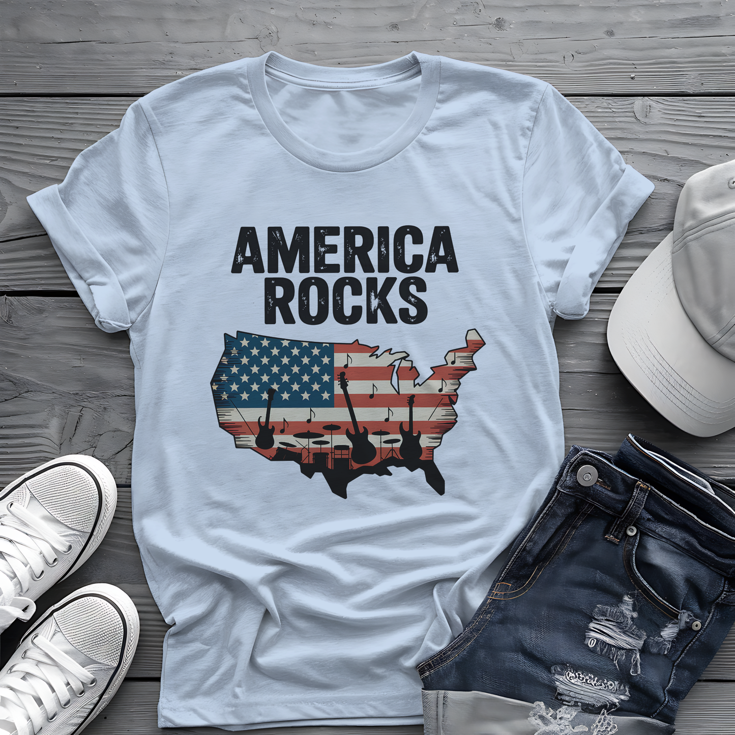 America Rocks Tee 🇺🇸 Patriotic Music 4th of July Shirt - USA Map