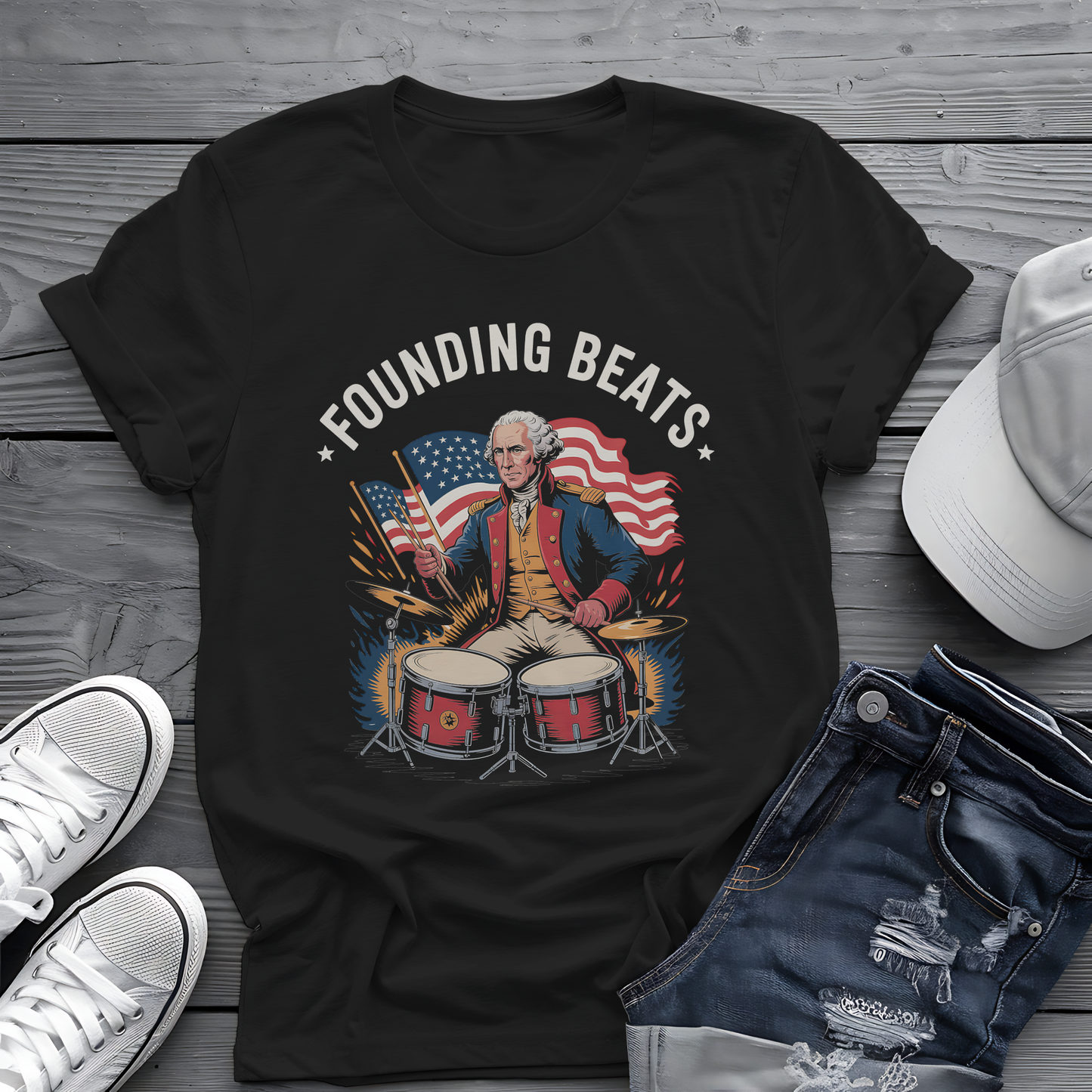 Founding Beats Tee 🥁 Patriotic 4th of July Drummer Shirt - George Washington Music Shirt