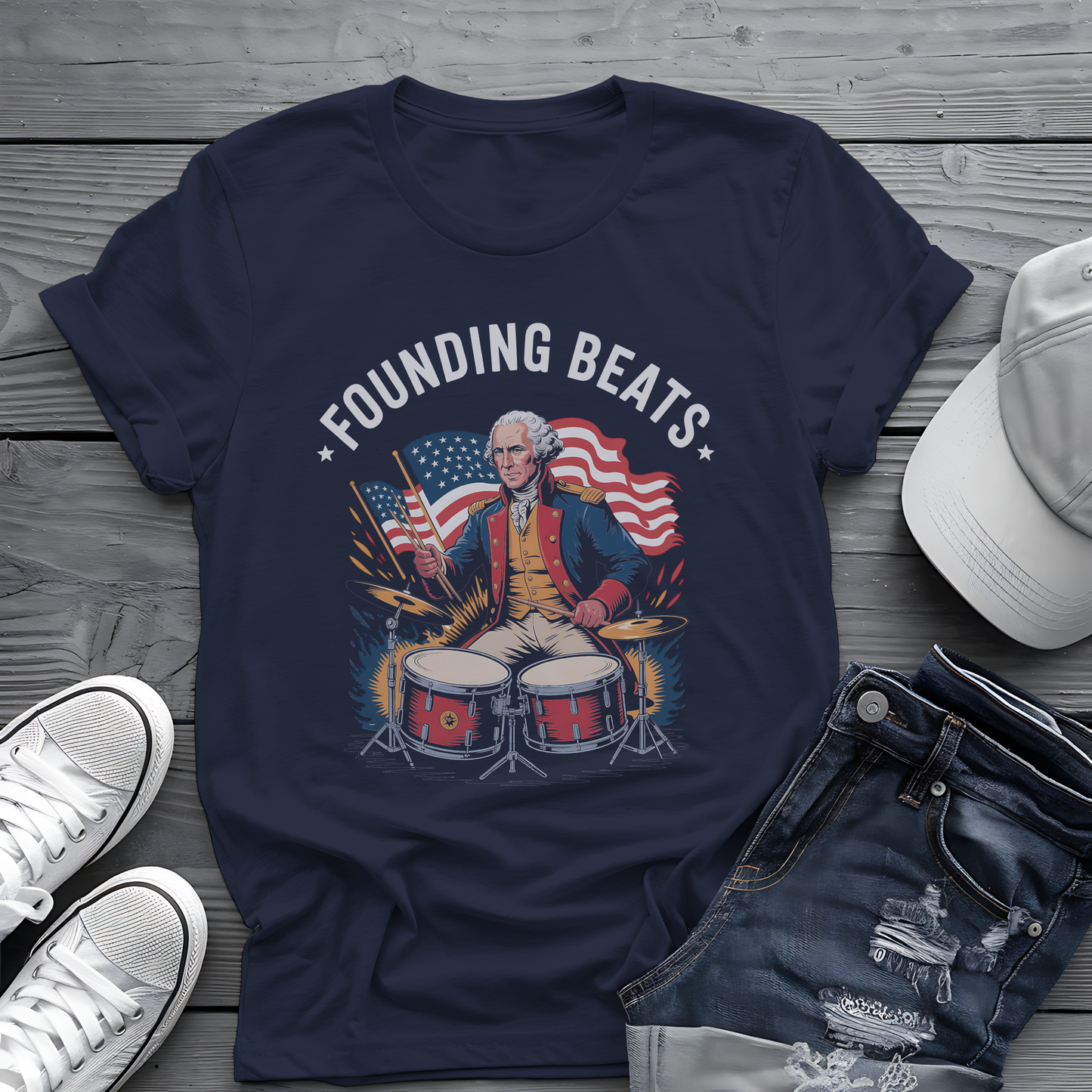 Founding Beats Tee 🥁 Patriotic 4th of July Drummer Shirt - George Washington Music Shirt