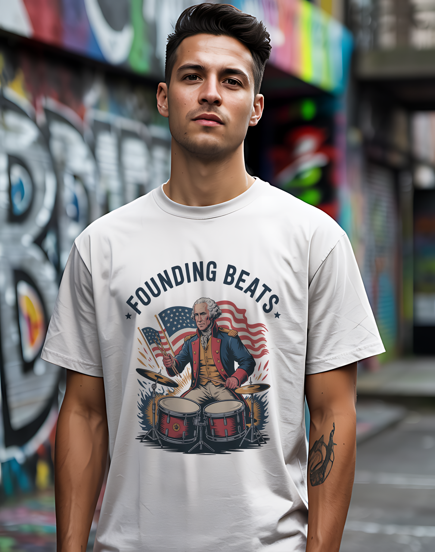 Founding Beats Tee 🥁 Patriotic 4th of July Drummer Shirt - George Washington Music Shirt