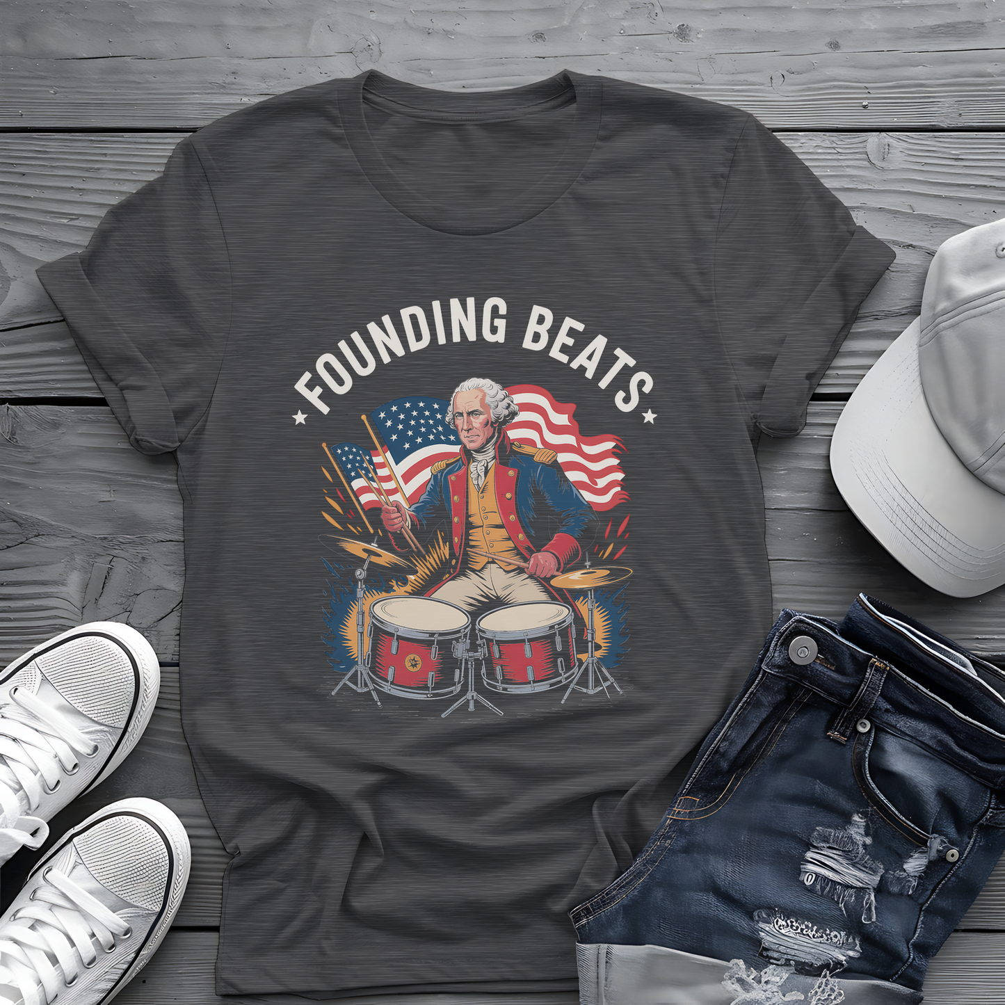 Founding Beats Tee 🥁 Patriotic 4th of July Drummer Shirt - George Washington Music Shirt