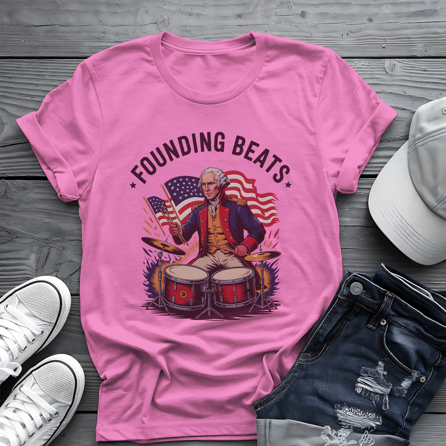 Founding Beats Tee 🥁 Patriotic 4th of July Drummer Shirt - George Washington Music Shirt