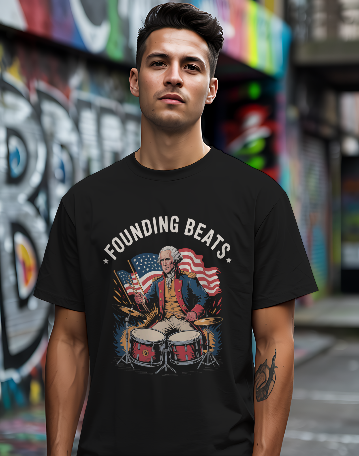 Founding Beats Tee 🥁 Patriotic 4th of July Drummer Shirt - George Washington Music Shirt