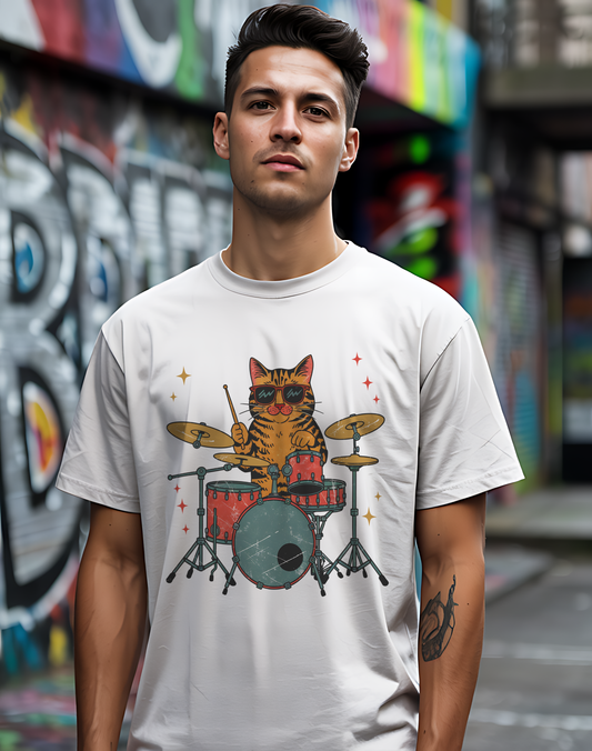 Drummer Cat Tee 🥁 Funny Music Shirt - Cat Lover Gift