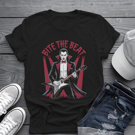 Bite the Beat Dracula Tee 🎸 Goth Rock Vampire Shirt - Spooky Halloween Music Gift