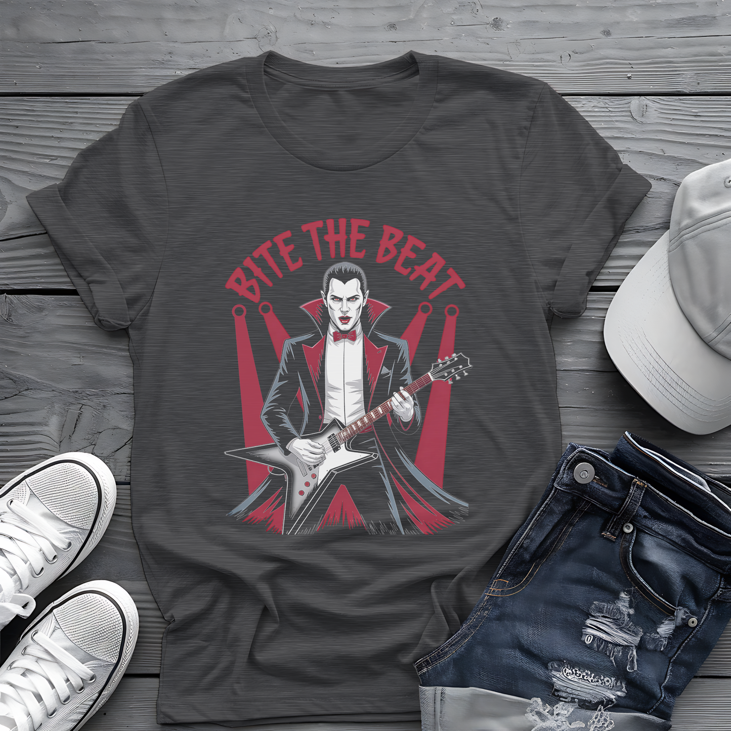 Bite the Beat Dracula Tee 🎸 Goth Rock Vampire Shirt - Spooky Halloween Music Gift