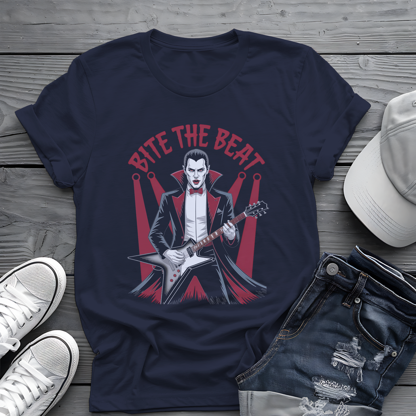 Bite the Beat Dracula Tee 🎸 Goth Rock Vampire Shirt - Spooky Halloween Music Gift