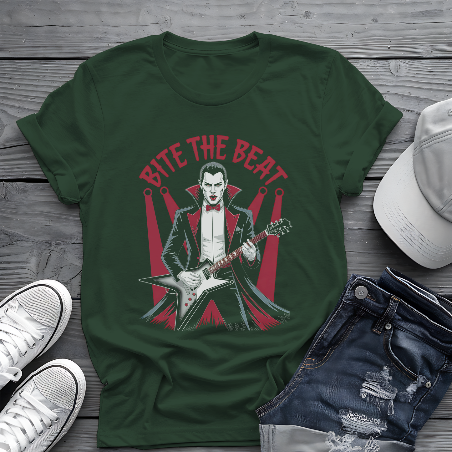 Bite the Beat Dracula Tee 🎸 Goth Rock Vampire Shirt - Spooky Halloween Music Gift