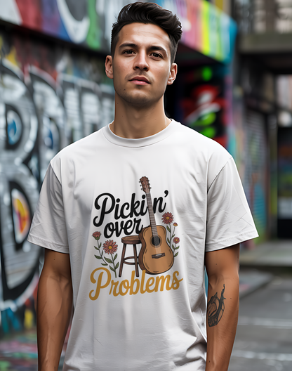 Pickin' Over Problems Tee 🎸 Funny Acoustic Guitar Folk Shirt