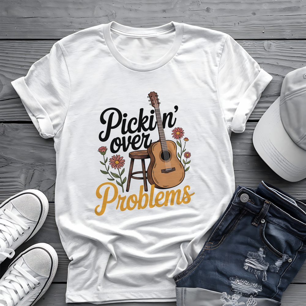 Pickin' Over Problems Tee 🎸 Funny Acoustic Guitar Folk Shirt