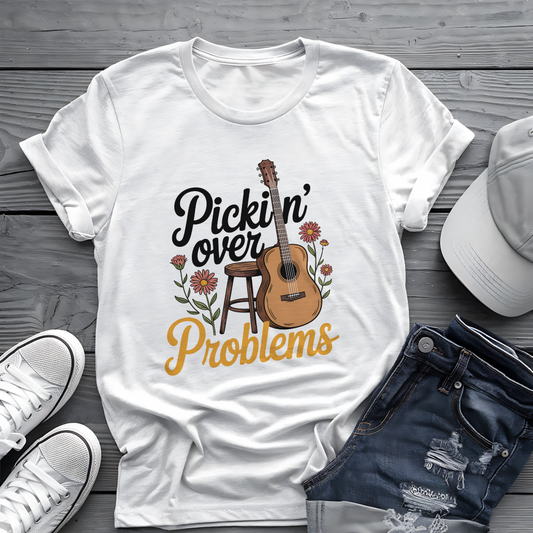 Pickin' Over Problems Tee 🎸 Funny Acoustic Guitar Folk Shirt