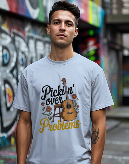 Pickin' Over Problems Tee 🎸 Funny Acoustic Guitar Folk Shirt