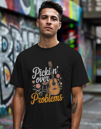 Pickin' Over Problems Tee 🎸 Funny Acoustic Guitar Folk Shirt