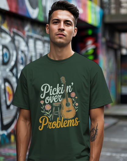Pickin' Over Problems Tee 🎸 Funny Acoustic Guitar Folk Shirt