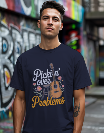 Pickin' Over Problems Tee 🎸 Funny Acoustic Guitar Folk Shirt