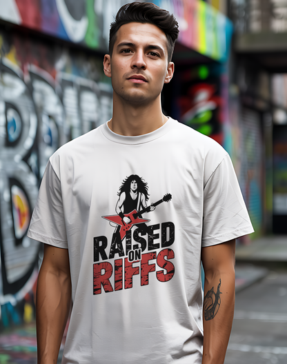 Raised On Riffs Tee 🎸 Bold Rock Guitar Music Shirt