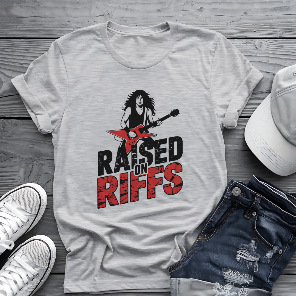 Raised On Riffs Tee 🎸 Bold Rock Guitar Music Shirt