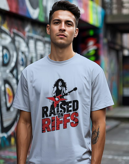 Raised On Riffs Tee 🎸 Bold Rock Guitar Music Shirt