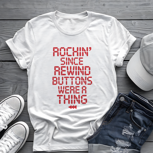 Rewind Rock Tee ⏪ Funny Retro Music Cassette Shirt