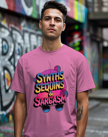 Synths Sequins  & Sarcasm Tee 🎧 80s Retro Sarcastic Music Shirt