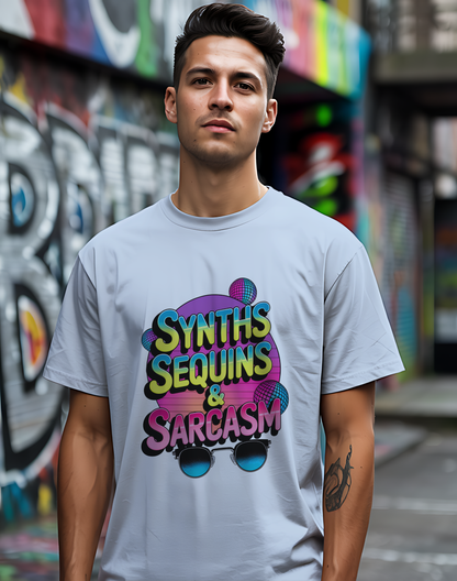 Synths Sequins  & Sarcasm Tee 🎧 80s Retro Sarcastic Music Shirt