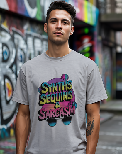 Synths Sequins  & Sarcasm Tee 🎧 80s Retro Sarcastic Music Shirt