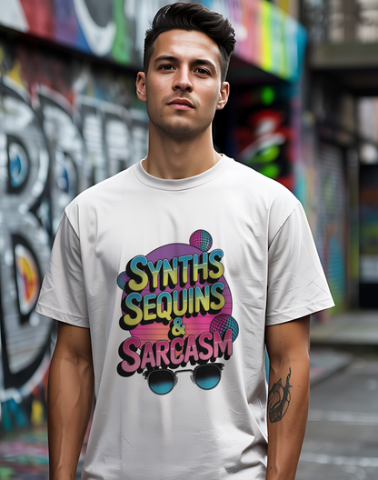 Synths Sequins  & Sarcasm Tee 🎧 80s Retro Sarcastic Music Shirt