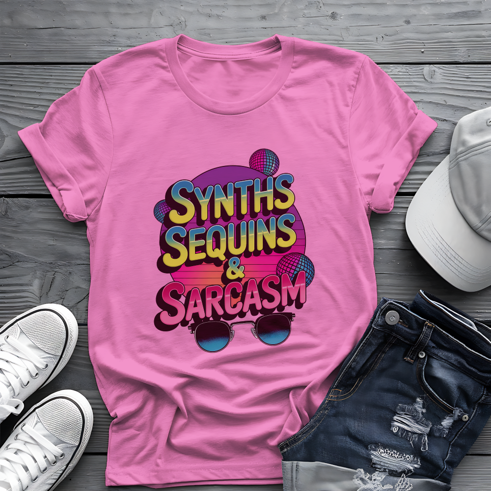Synths Sequins  & Sarcasm Tee 🎧 80s Retro Sarcastic Music Shirt