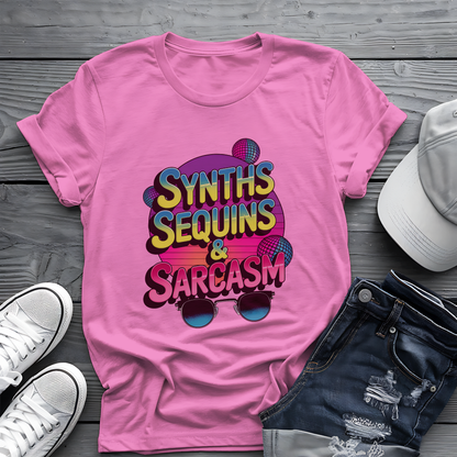 Synths Sequins  & Sarcasm Tee 🎧 80s Retro Sarcastic Music Shirt