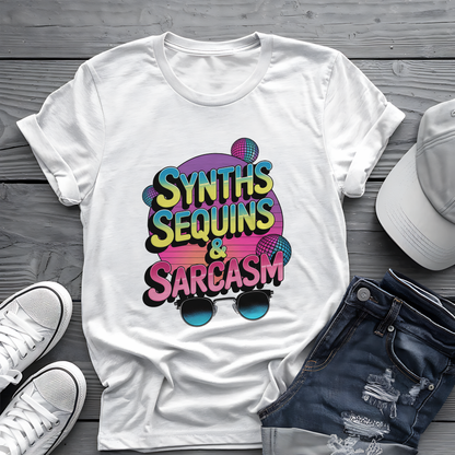 Synths Sequins  & Sarcasm Tee 🎧 80s Retro Sarcastic Music Shirt