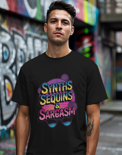 Synths Sequins  & Sarcasm Tee 🎧 80s Retro Sarcastic Music Shirt